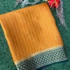 Mustard yellow green stripes pure mysore crep silk saree