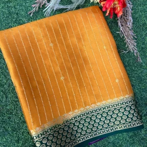 Mustard yellow green stripes pure mysore crep silk saree