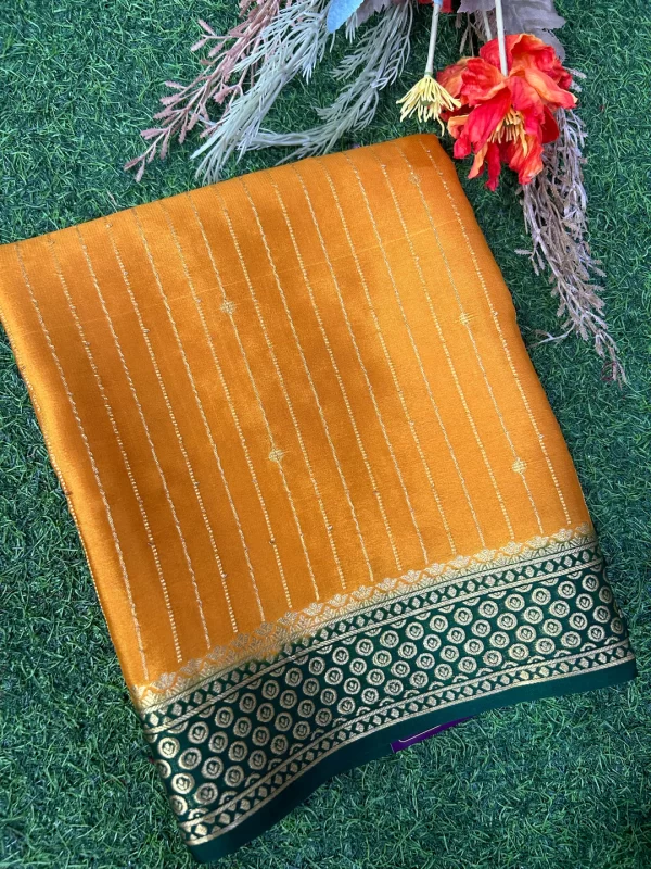 Mustard yellow green stripes pure mysore crep silk saree