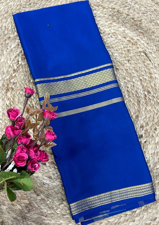 Blue self 4 border pure crepe mysore silk08 saree
