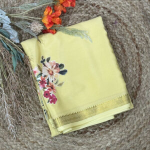 Pastel yellow "aplique" work pure mysore crepe silk saree