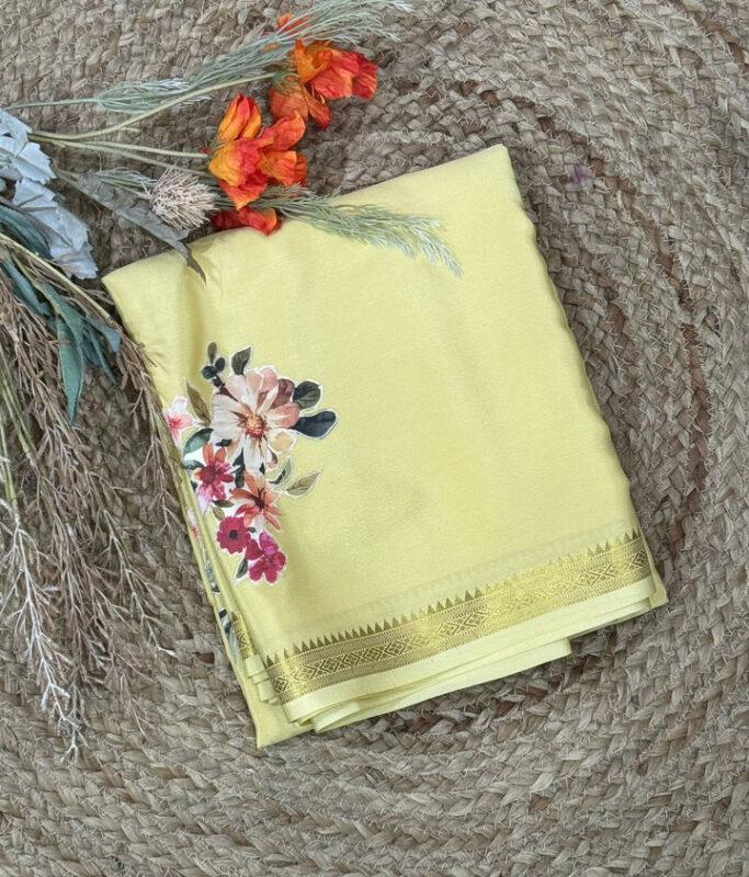 Pastel yellow "aplique" work pure mysore crepe silk saree