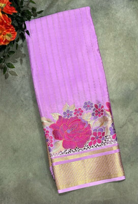 Light purple stripes border pure crepe mysore silk saree