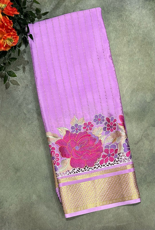 Light purple stripes border pure crepe mysore silk saree