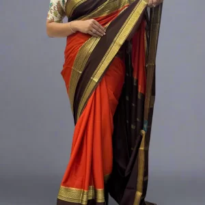 Rust Orange n dark brown bentex border pure mysore crepe silk saree