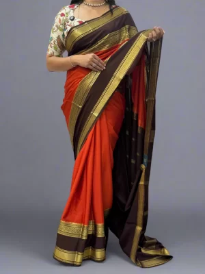 Rust Orange n dark brown bentex border pure mysore crepe silk saree