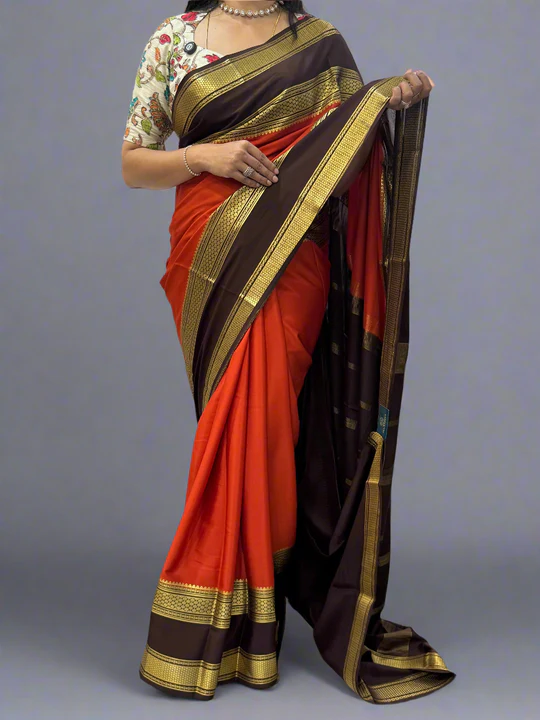 Rust Orange n dark brown bentex border pure mysore crepe silk saree